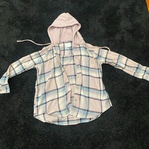 American Eagle Outfitters Plaid Hoodie Shirt - Blue and White
